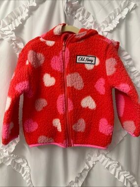 Old Navy Red and Pink Heart Fleece Zip-Up Hoodie
